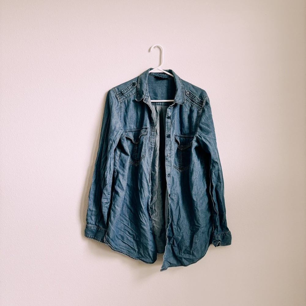 Express size L Jean shirt button down collared top light denim